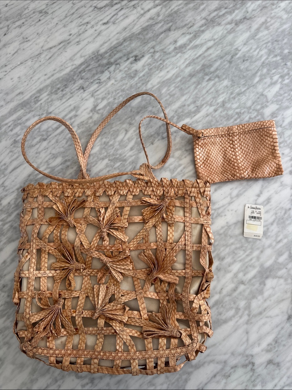 Vintage david & scotti Woven Fan Pattern Lined Alligator Texture Tan Bag